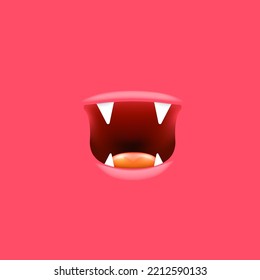 Vector Cartoon open shark mouth isolated on pink background. Funny and cute Halloween Monster open mouth with big vampire fangs