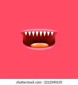 Vector Cartoon open shark mouth isolated on pink background. Funny and cute Halloween Monster open mouth with big vampire fangs