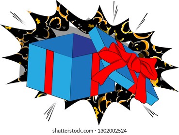 Vector cartoon opened gift box. Illustrated holiday sign on comic book background.