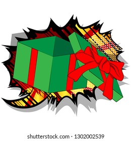 Vector cartoon opened gift box. Illustrated holiday sign on comic book background.