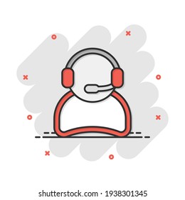Vector cartoon operator with microphone icon in comic style. Operator in call center sign illustration pictogram. People business splash effect concept.