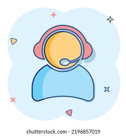 Vector cartoon operator with microphone icon in comic style. Operator in call center sign illustration pictogram. People business splash effect concept.