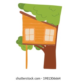 Vector cartoon orange treehouse for kids. House for the design of children's banners and postcards.