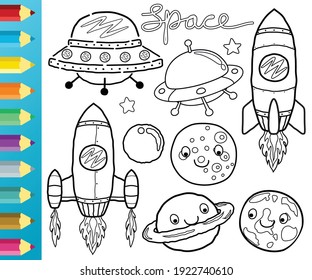 Vector Cartoon Of Outer Space Objects With Planets, Rocket And Ufo. Coloring Book Or Page