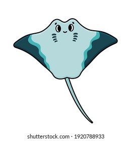 Vector cartoon outline blue Common Ray stingray from ocean, sea or aquarium. Doodle Animal is isolated on white background