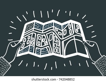Vector cartoon outline illustration of Hands holding paper Folded map. Tourist look at map of the city , is looking for route. Travel concept in black and white colors.