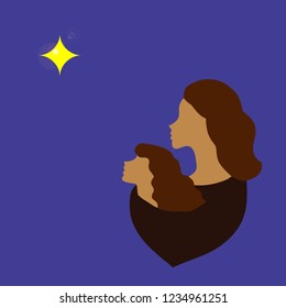 Vector cartoon outline of mother embracing her daughter while they are looking at a bright star together.