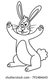 Vector cartoon outlined illustration of easter bunny with hands in the air