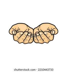 Vector Cartoon Outstretched Cupped Hands, Begging Hands, Arms, Palms with Outline Isolated on White Background