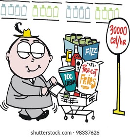 Vector cartoon of overweight man buying food in supermarket