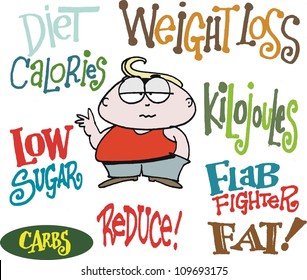 Vector cartoon of overweight man with cartoon signs