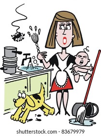 Vector cartoon of overworked housewife in kitchen