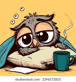 Vector of a cartoon owl laying on a pillow under the blanket with a hot morning coffee cup in front of it. Drawing of a sleepy bird waking up on a monday