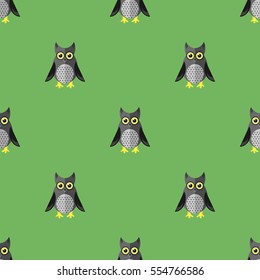 Vector Cartoon Owl Seamless Pattern on Green Background