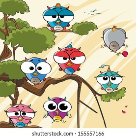 Vector cartoon owls in forest