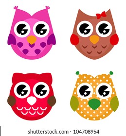 Vector cartoon owls set isolated on white