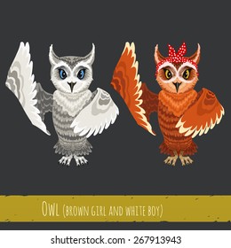 Vector cartoon owls without clothes and items - polar white boy and brown girl