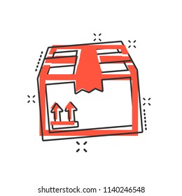 Vector cartoon packaging box icon in comic style. Shipping pack sign illustration pictogram. Box business splash effect concept.