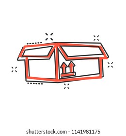 Vector cartoon packaging box icon in comic style. Shipping pack sign illustration pictogram. Box business splash effect concept.