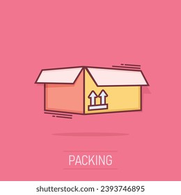Vector cartoon packaging box icon in comic style. Shipping pack sign illustration pictogram. Box business splash effect concept.