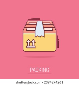 Vector cartoon packaging box icon in comic style. Shipping pack sign illustration pictogram. Box business splash effect concept.
