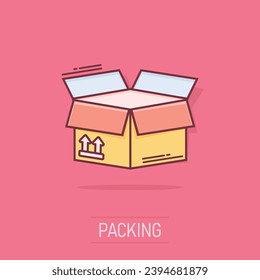 Vector cartoon packaging box icon in comic style. Shipping pack sign illustration pictogram. Box business splash effect concept.