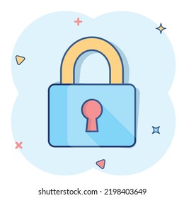 Vector cartoon padlock icon in comic style. Lock, unlock security concept illustration pictogram. Padlock business splash effect concept.