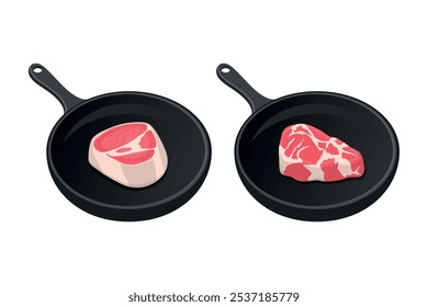 Vektor Cartoon Pan Set mit Fleisch. Knochen-in Steak, zarte Marmorsteak in Pan. Flache Cartoon schwarze Bratpfanne. Pfanne mit Fleischsteak