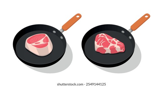 Vektor Cartoon Pan Set mit Fleisch. Knochen-in Steak, zarte Marmorsteak in Pan. Flache Cartoon schwarze Bratpfanne. Pfanne mit Fleischsteak