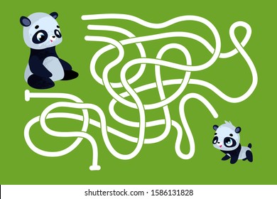 Vector cartoon panda mom and baby. Vector illustrations for children books. Labyrinth. Educational game for children. 