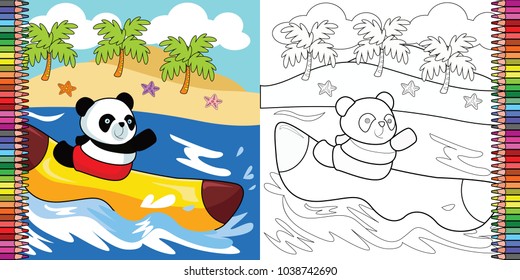 vector cartoon of a panda riding banana boat, coloring book page for children creative activities