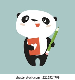 Panda de caricatura vectorial escribe con un lápiz. Panda está aprendiendo. Buen panda. Panda con un cuaderno en las manos. Estudiante, escritor.