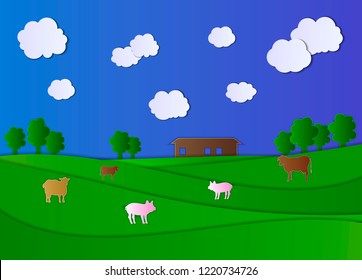 Vector Cartoon Paper Art Style Farm Field, Farm House and Animals, Cloudy Sky, Bright Illustration.
