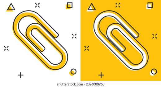 Vector cartoon paper clip attachment icon in comic style. Paperclip concept illustration pictogram. Attach file business splash effect concept.