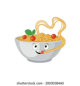 Vektor-Cartoon-Pasta in einer Schüssel, Cute-Illustration einzeln auf weißem Hintergrund, Plate-Essnudeln.