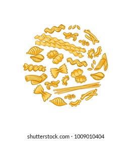 Vector cartoon pasta types circle flame badge and label concept illustration