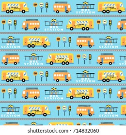 Vector cartoon pattern of buses with bus station and road sign