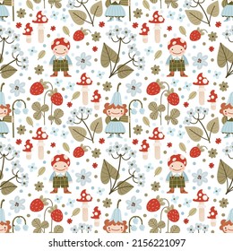 Vector cartoon pattern. cute forest characters and plants. Seamless background with forest flowers, mushrooms, berries and forest fairies. Vector texture for nursery decor, fabrics, textiles, wrapping