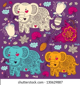 Vector cartoon pattern with elephants