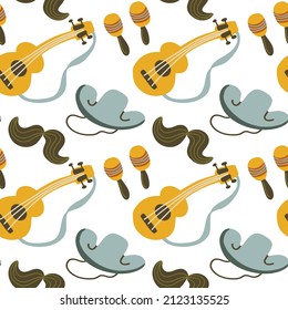 Vector cartoon pattern of hat, guitar, maracas and
mustache isolated on the white background