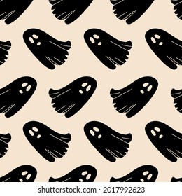 Vector cartoon pattern with isolated ghosts on beige color. Background in the style of minimalism on the theme of Halloween for use in design