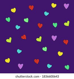Vector cartoon pattern on purple. Colorful pattern with beautiful  hearts. Perfectly for wrapping paper, bed linen, textile, fabric, cover, wallpaper, fashion, kids clothing.