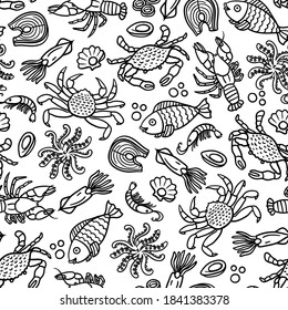 Vector cartoon pattern on the theme of seafood, marine life. Background with isolated hand drawn fish, octopus, crayfish, crabs, shrimps, mussels, squids on white color