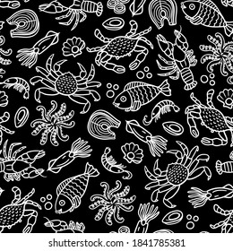 Vector cartoon pattern on the theme of seafood, marine life. Background with isolated hand drawn fish, octopus, crayfish, crabs, shrimps, mussels, squids on black color