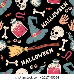 Vector cartoon pattern on the theme of Halloween. Colorful background with flat symbols of bones, skulls, potions, snakes, brooms