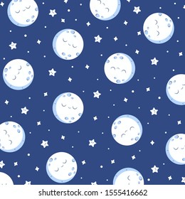Vector cartoon pattern for printing with a full kawaii moon and cute star shapes in the night sky. 