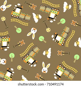 Vector cartoon pattern. Steam train elements with funny rabbit