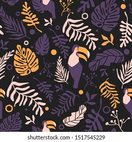 Vector cartoon pattern with tropical leaves and toucan