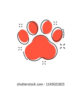 Vector Cartoon Paw Print Icon In Comic Style. Dog Or Cat Pawprint Sign Illustration Pictogram. Animal Business Splash Effect Concept.