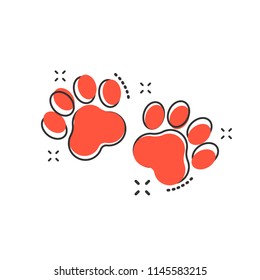 Vector cartoon paw print icon in comic style. Dog or cat pawprint sign illustration pictogram. Animal business splash effect concept.